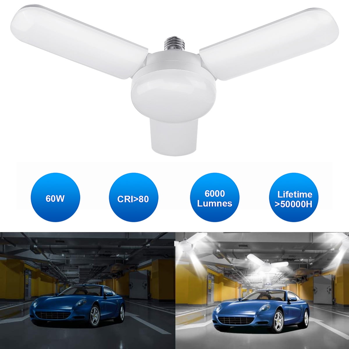 60W 6500K LED Garage Light, Deformable Garage Light Fixture Lamp Bulbs