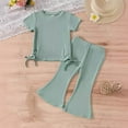 thumbnail image 2 of tarylea Baby Girl Clothes Drawstring Short Sleeve Crew Neck Tops Elastic Waist Bell Bottom Flare Pants Solid Color Ribbed Suits Summer Trendy Comfy Loose Toddler Outfits for 9 Months-4 Years, 2 of 3