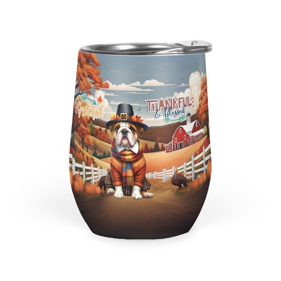 Thanksgiving Bulldog Pilgrim Grateful, Thankful, Blessed Fall Welcome 12oz Stainless Steel Wine Tumbler Insulated Cup with Lid Dog Lover Gifts Idea - 00021