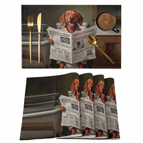 Cute Puppy Placemats Set of 6 Funny Dogs Reading Newspaper Toilet Place Mats Indoor Wipeable Table Mats Washable Cloth Dining Table Placemats for Kitchen Holiday Party Home Decor 13x19 Inch