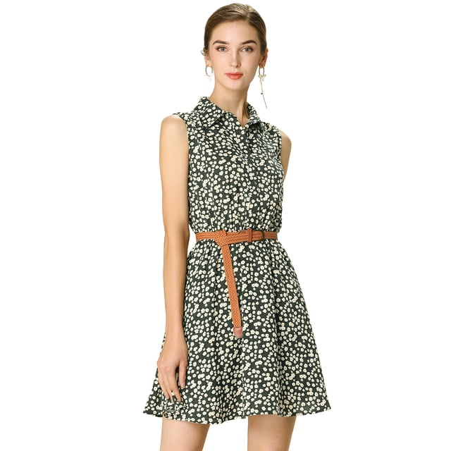 Vestido Sin Mangas Allegra K Día de San Patricio Cinturón Estampado Rodilla Media Tapeta Floral verde oscuro blanco L
