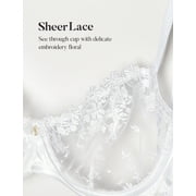 Wingslove Women's Sexy Lace Sheer Bra Demi Mesh Balconette See Through Unlined Underwire with Silicone Nipple,White 36C