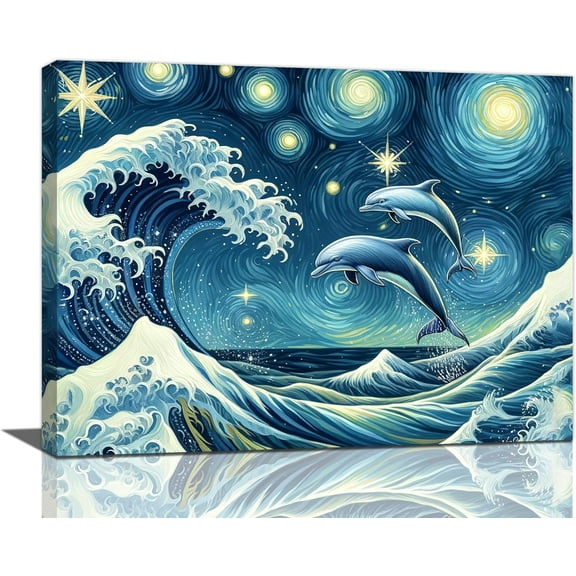 Aaheei Dolphin Decor Wall Art Ocean Waves Dolphin Pictures Nautical Canvas Wall Decor Starry Night Painting Modern Home Artwork Decorations for Bedroom Bathroom Living Room Office