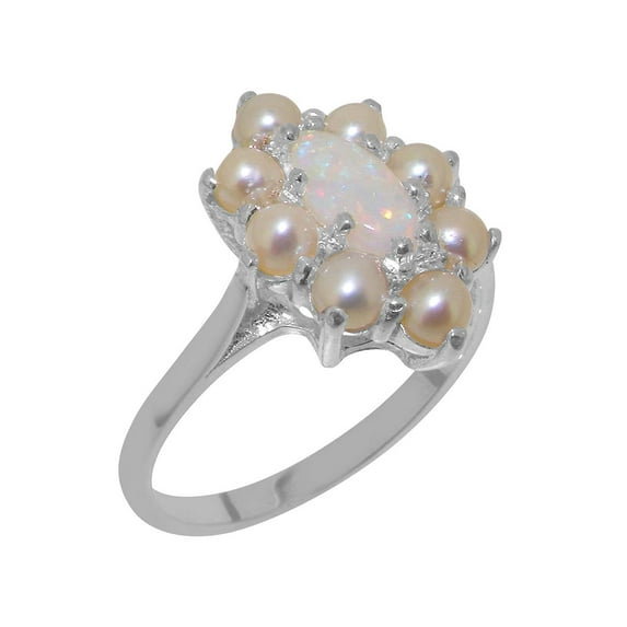 LBG British Made Solid 9k White Gold Natural Opal & Cultured Pearl Womens Anniversary Ring - 33 size options - Size 10.25