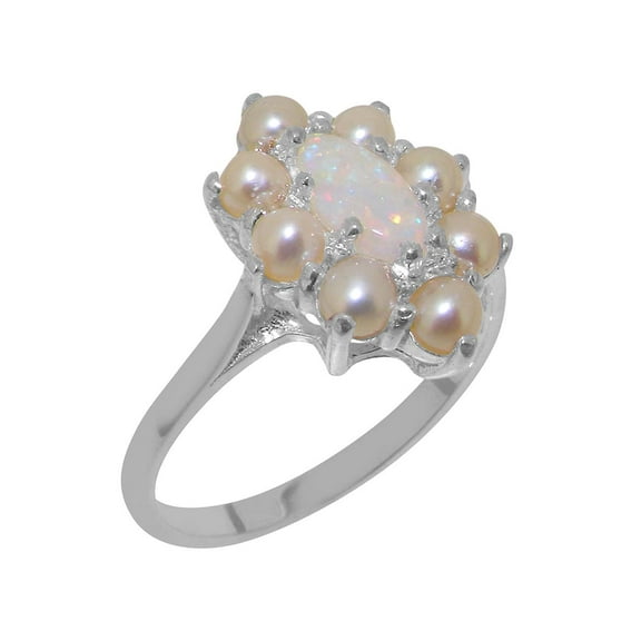 LBG British Made 925 Sterling Silver Natural Opal & Cultured Pearl Womens Statement Ring - 33 size options - Size 10