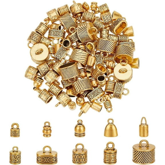 100Pcs 10 Styles Cord End Cap Alloy Leather Cord End Tibetan Style Cap Metal Bead Tube Barrel Loop Clasp DIY Craft Making Antique Golden