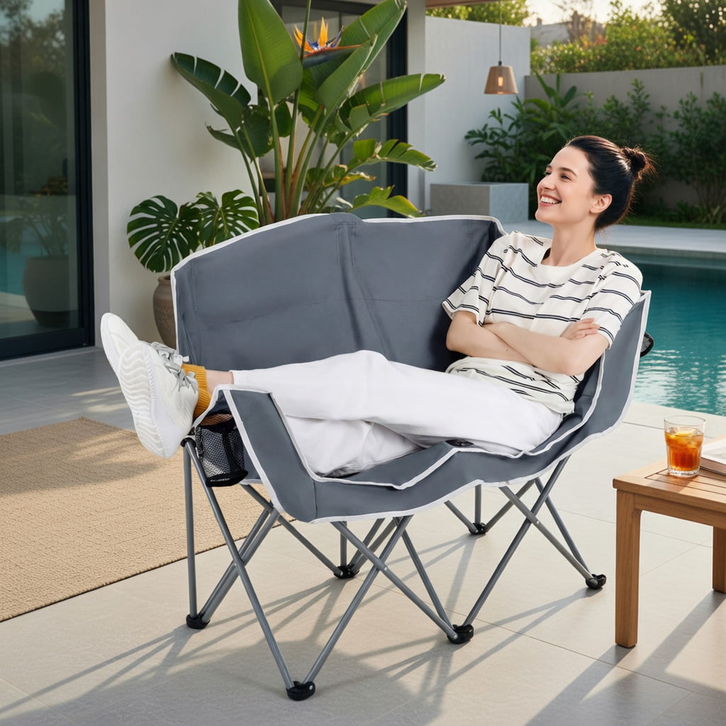 Hommoo Duo Portable Oversized Camping Loveseat Chair with Armrests, Dual Mesh Cup Holders & Heavy-Duty Steel Frame, Gray