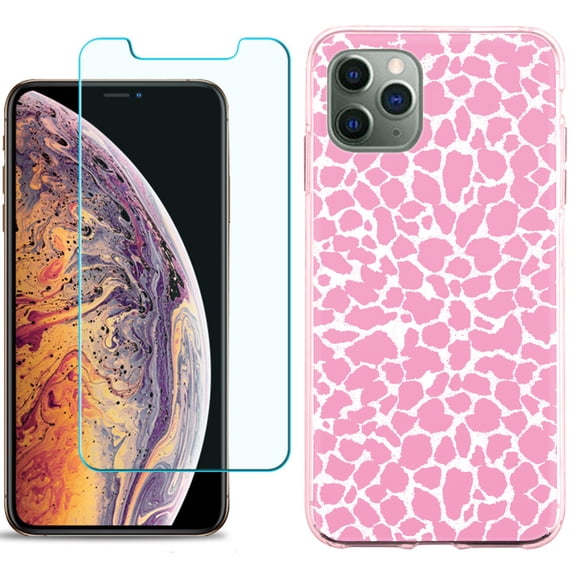 For Apple iPhone 11 PRO Case, Slim-Fit TPU Protective Phone Case (Pink Bezel) with Tempered Glass Screen Protector, by OneToughShield ® - Giraffe/Pink