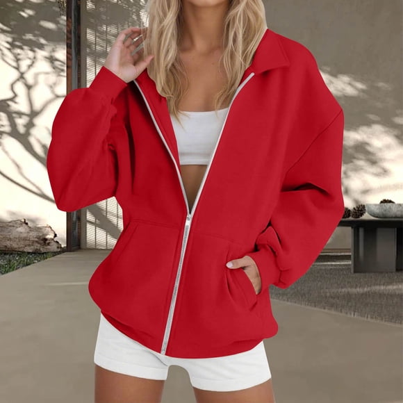 Women's Zip Up Polo Hoodie, Casual Collared Sweatshirt, Solid Lounge Hoodie Red S , Streetwear Hoodie