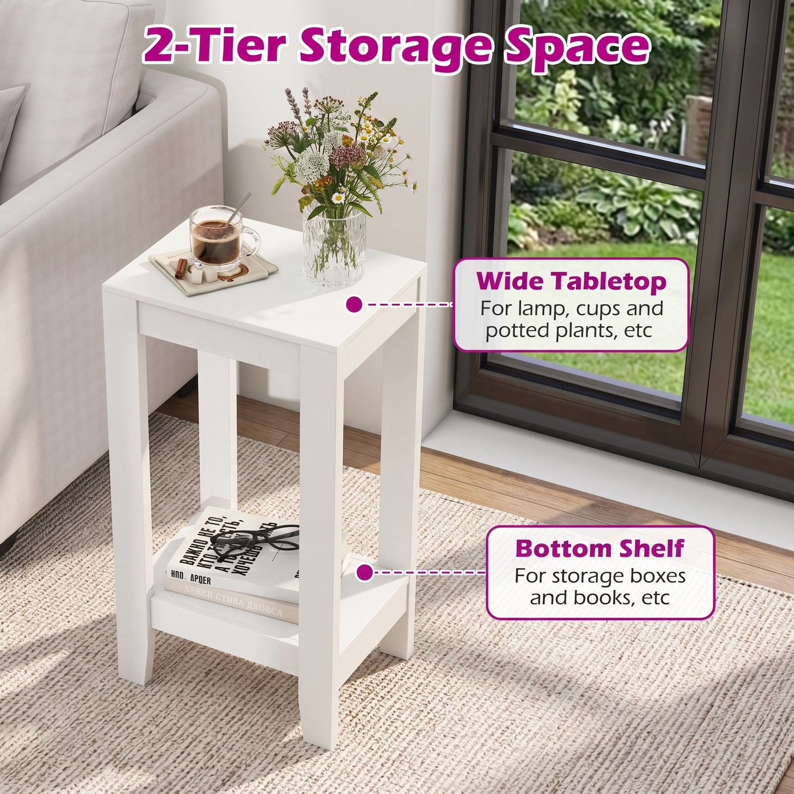Furnibear 2-Tier Nightstand End Side Table with Wooden Legs and Storage Shelf for Bedroom Living Room Sofa Side, Anti-Toppling Narrow Bedside Accent Table, White