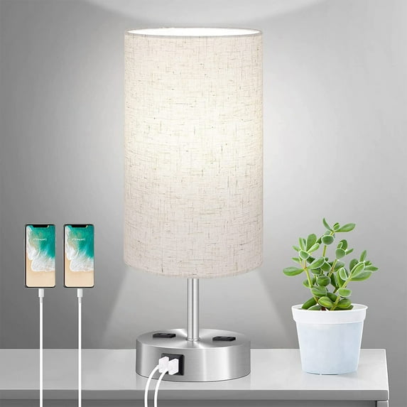 Oatmeal Touch Control Table Lamp - 3-Way Dimmable Bedside Nightstand Lamp with 2 USB Ports & 2 AC Outlets, Modern Tabletop Lamp