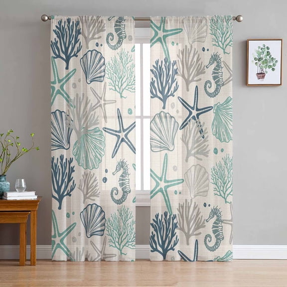 Blue Teal Coastal Sheer Curtains 63 Inch Length 2 Panels Set for Living Room/Bedroom, Summer Beach Starfish Coral Nautical Rustic Curtain Drapes Rod Pocket Curtains Window Treatment 52''x63''x2