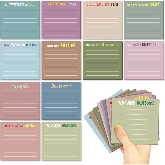 BDKWID-12 Pcs Inspirational Sticky Notes Cute Motivational Sticky Notes Pad End of Year Employee Appreciation Gifts Bulk for Teacher Nurse Coworkers Office Supplies 3 x 3''(Appreciation,Neutral Color