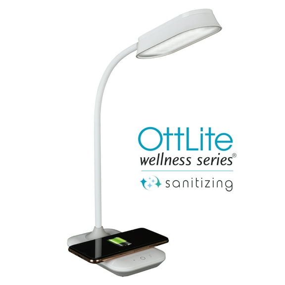 OttLite Achieve LED Sanitizing Desk Lamp with Wireless Charging, White, Modern Light for Reading, Crafting & Office Desktop