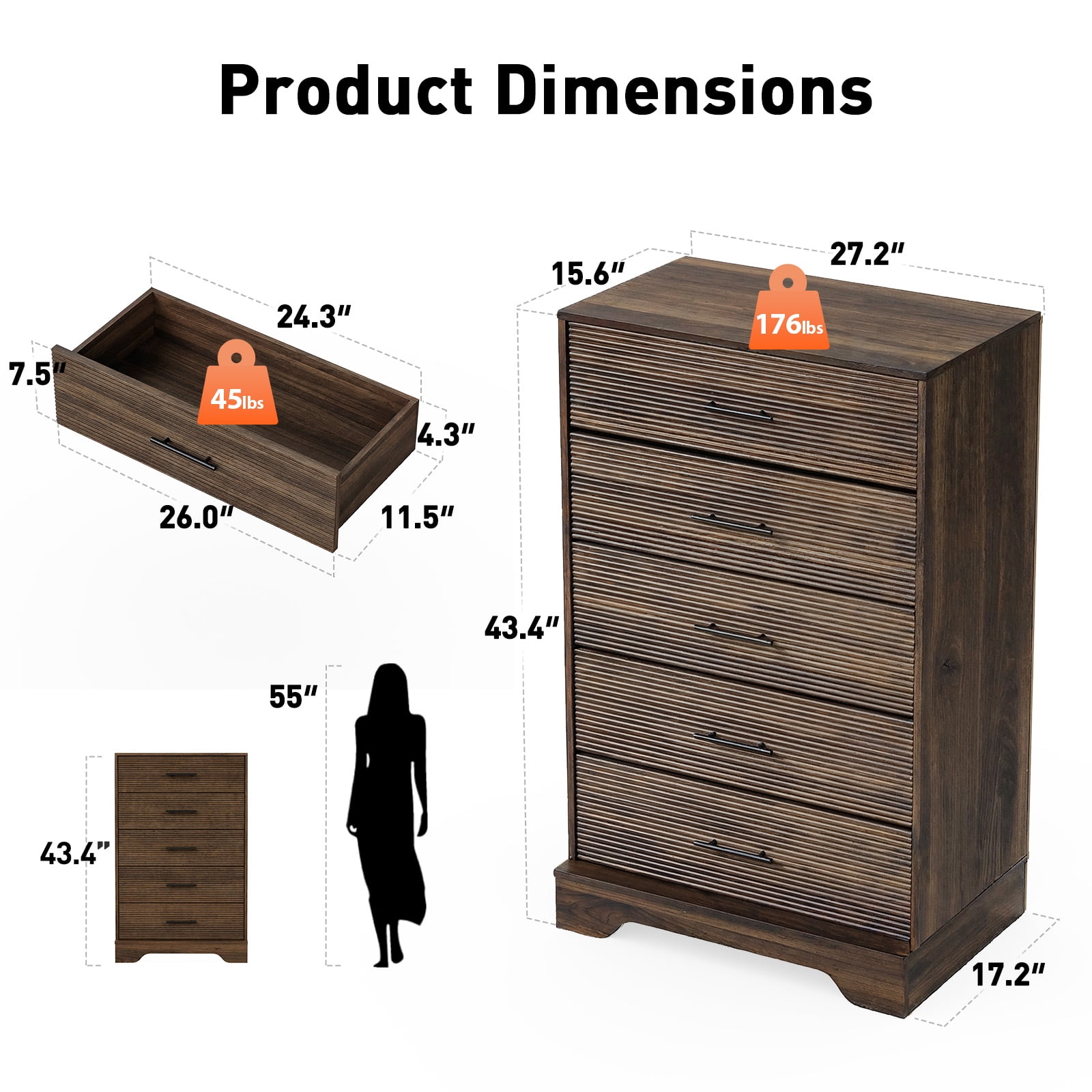 CHITOOMA 5 Drawer Dresser Wooden, Fluted Tall Dresser for Bedroom, Chest of Drawers for Living Room Hallway, Walnut