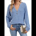 thumbnail image 3 of Camisa Henley de Larga para Mujer, Cuello en V, Suéteres Casuales Elegantes, Ropa de Moda para Otoño. Azul Colorido L, 3 of 10