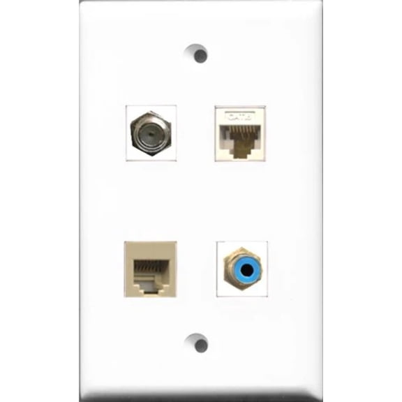 RiteAV 1 Port RCA Blue and 1 Port Coax Cable TV- F-Type and 1 Port Phone RJ11 RJ12 Beige and 1 Port Cat6 Ethernet White Wall Plate