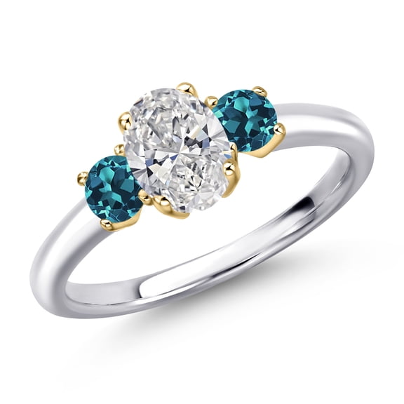 Gem Stone King 10K Two Tone Gold DEF Lab Grown Diamond and London Blue Topaz Engagement Ring for Women | 1.14 Cttw | Oval 7X5MM | Gemstone April Birthstone | Size 7
