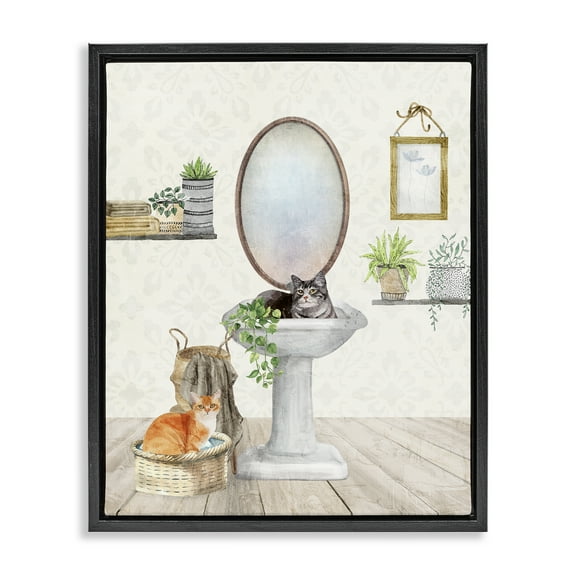 Stupell Industries Cats in Bathroom Scene Bath & Laundry Painting Black Floater Framed Canvas Art Print Wall Art, 17 x 21