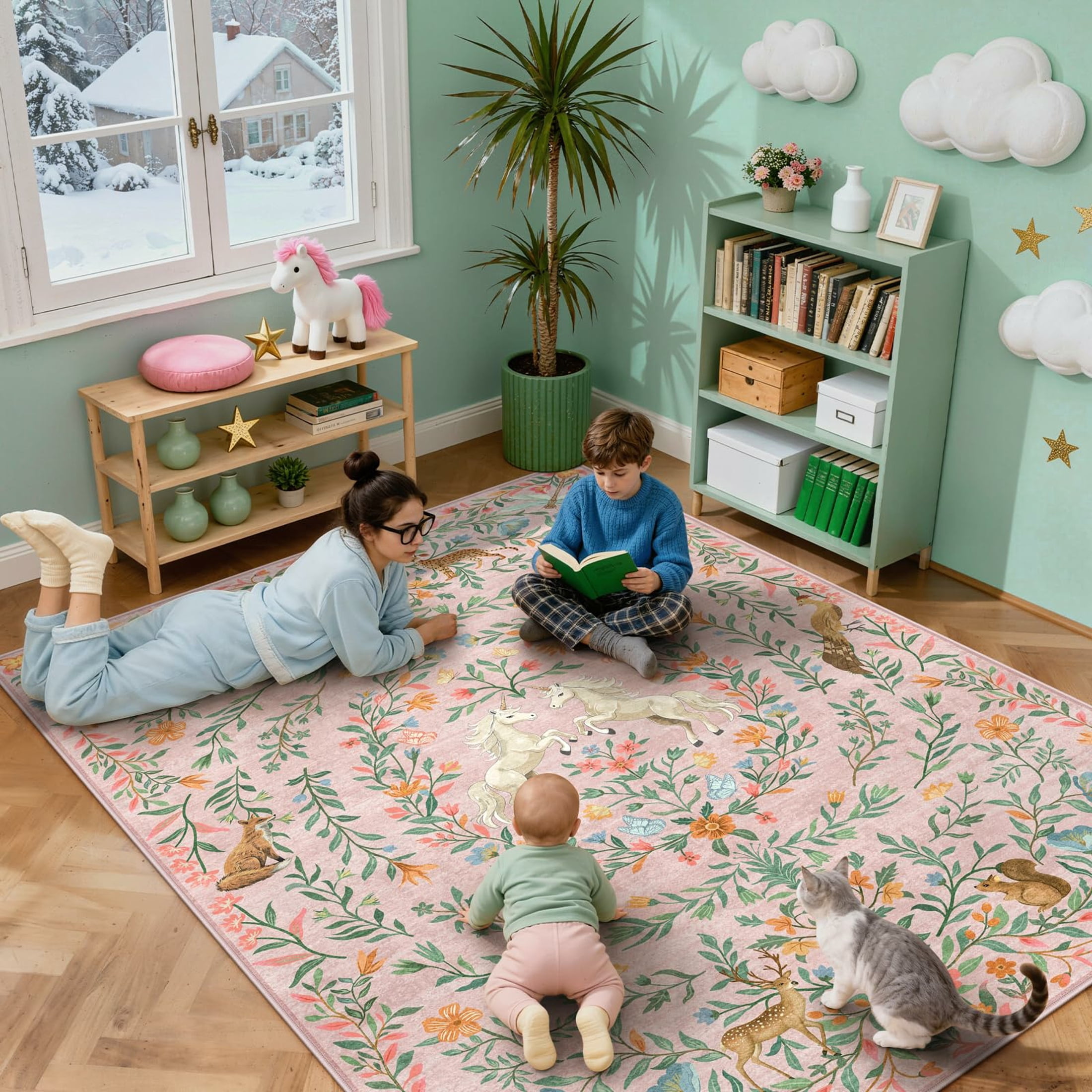 Moynesa 8'x10' Fantasy Garden Area Rugs for Living Room, Washable Vintage Botanical Unicorn Girls Rugs for Bedroom, Large Animal Accent Carpet for Dining Room Nursery Playroom, Pink