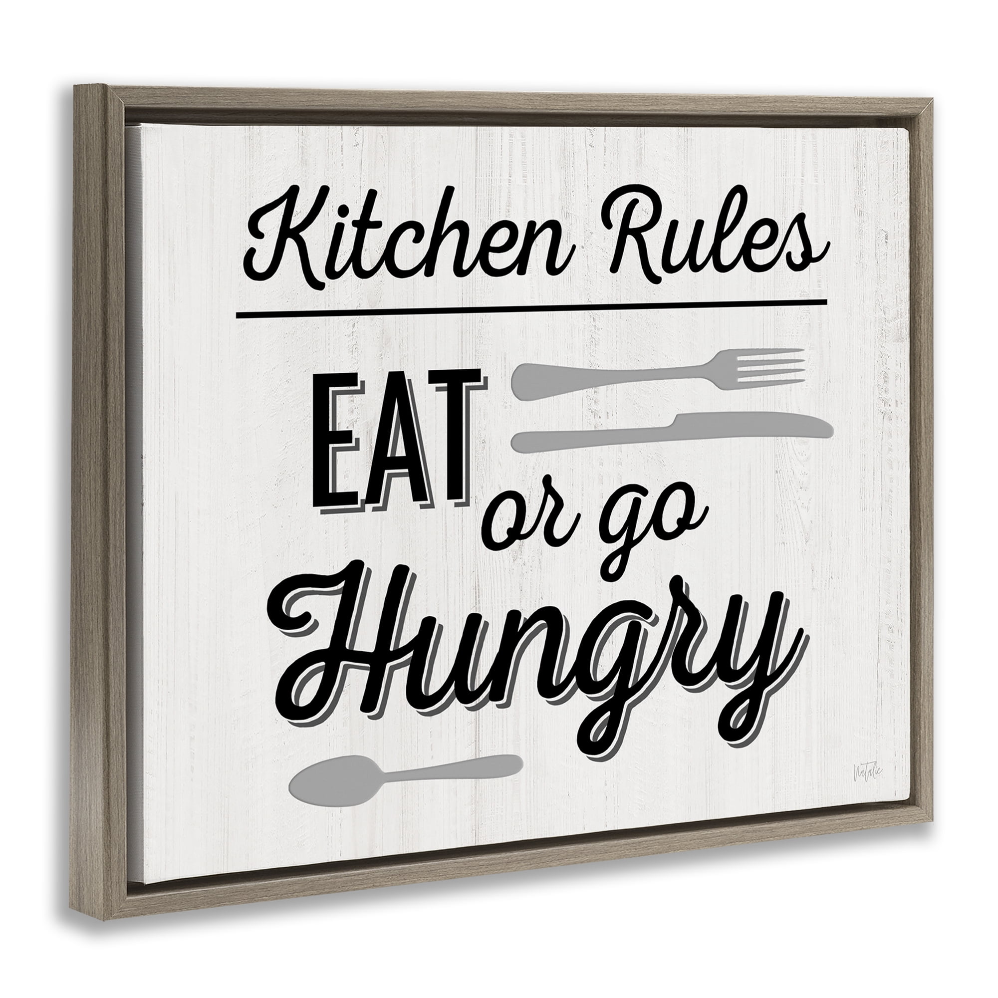 Stupell Industries Kitchen Rules or Go Hungry Food & Beverage Painting Brown Floater Framed Canvas Art Print Wall Art, 21 x 17