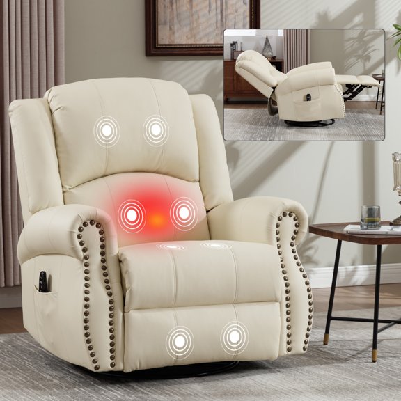 Heat and Massage Recliner Chair with Swivel Rocker Manual Control for Living Room in Beige Fabric