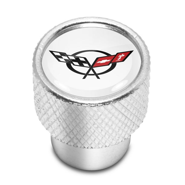 Chevrolet Corvette C5 Logo White on Shining Silver Aluminum Tire Valve Stem Caps