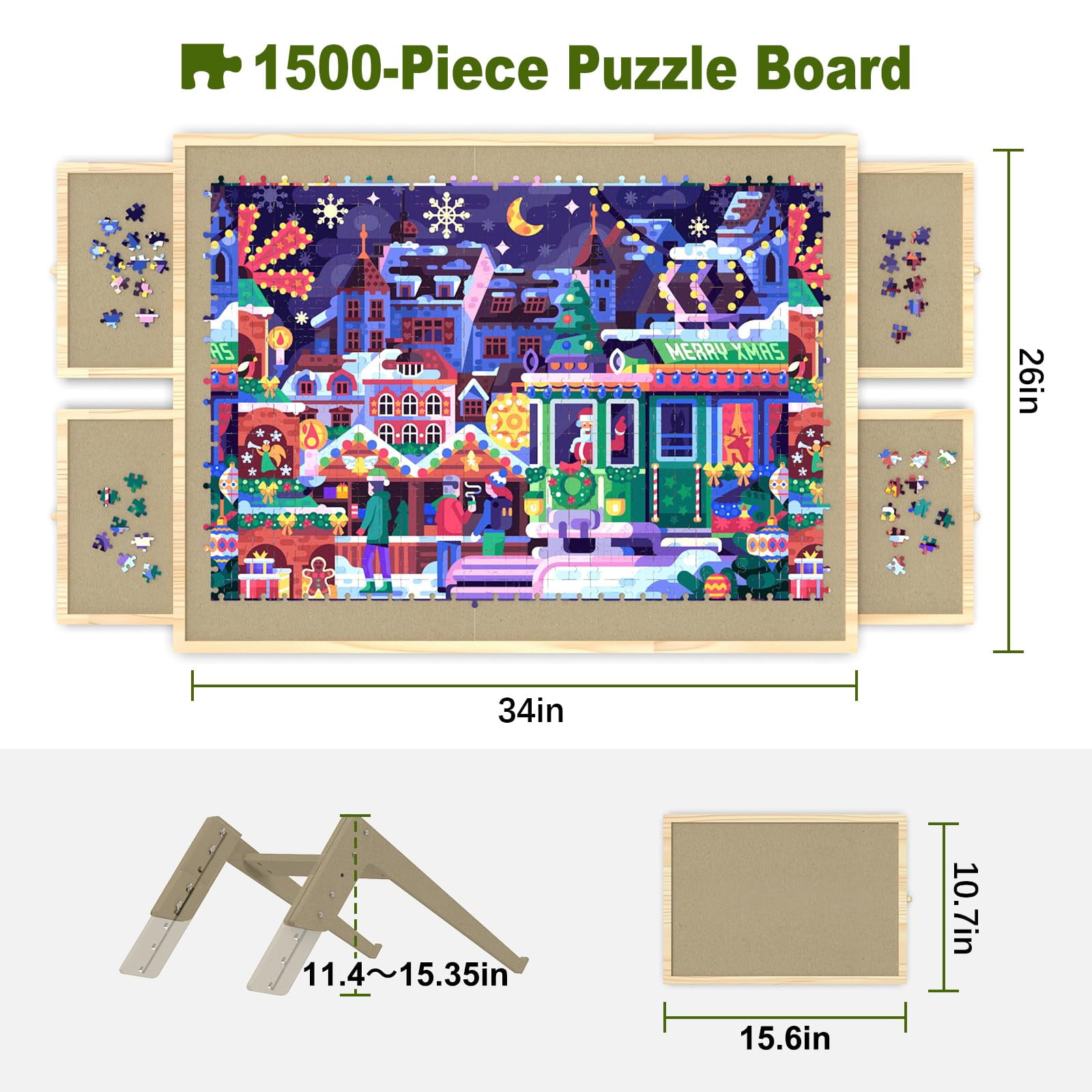 1500 Piece Puzzle Board with Drawers and Cover, Adjustable Tilting Puzzle Board, Portable Wooden Jigsaw Puzzle Table for Adults as a Gift