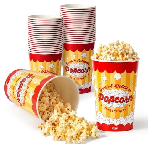 Fit Meal Prep 25 Pack Classic Paper Popcorn Buckets Disposable, 64 Oz Grease Resistant Popcorn Bowls Cups for Machine Home Theater Carnival Movie Night
