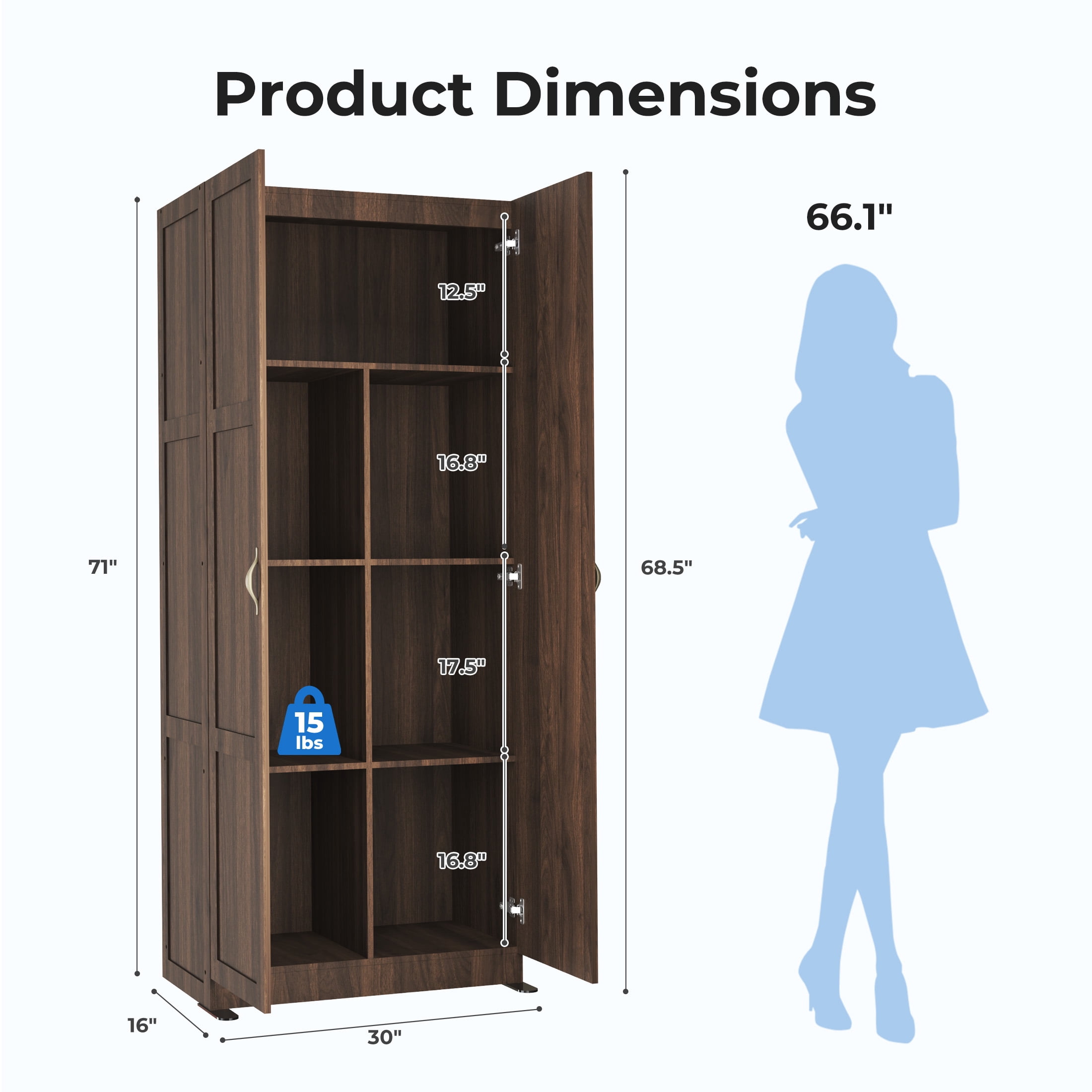 CONCETTA 71 inch Wooden Storage Cabinet, Freestanding Cupboard, 4