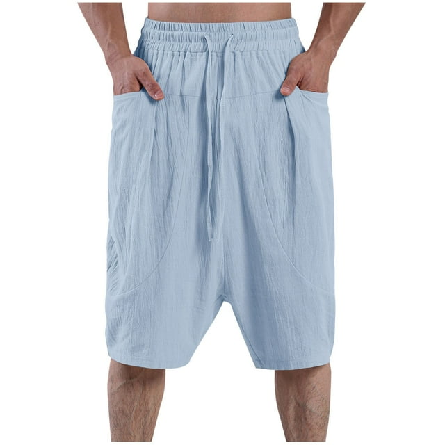 AherBiu Mens Workout Shorts Linen Cotton Gym Running Shorts with Pockets Casual Workout Basketball Shorts Solid Color