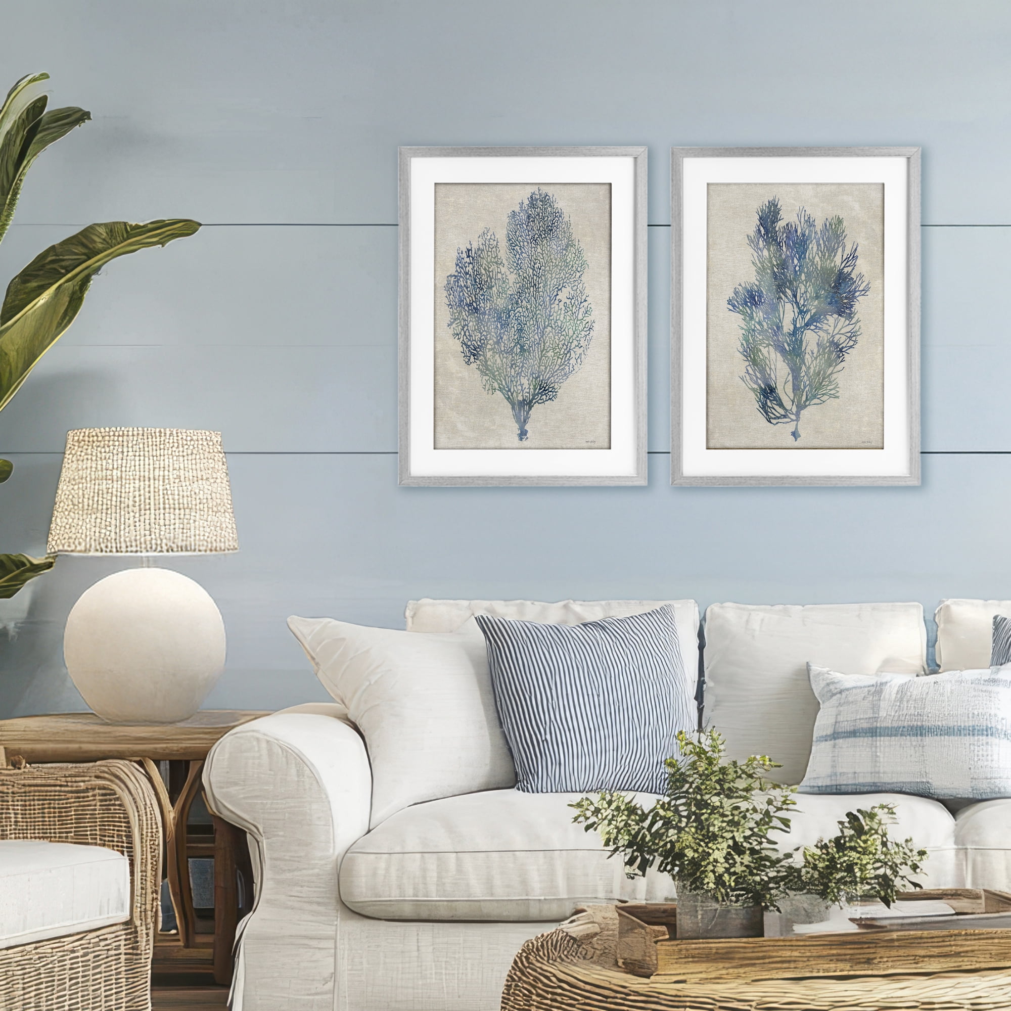 Stupell Industries Fan Coral Study in Blues 2 Piece Gray Framed Print Under Glass Set, design by Amber Sterling