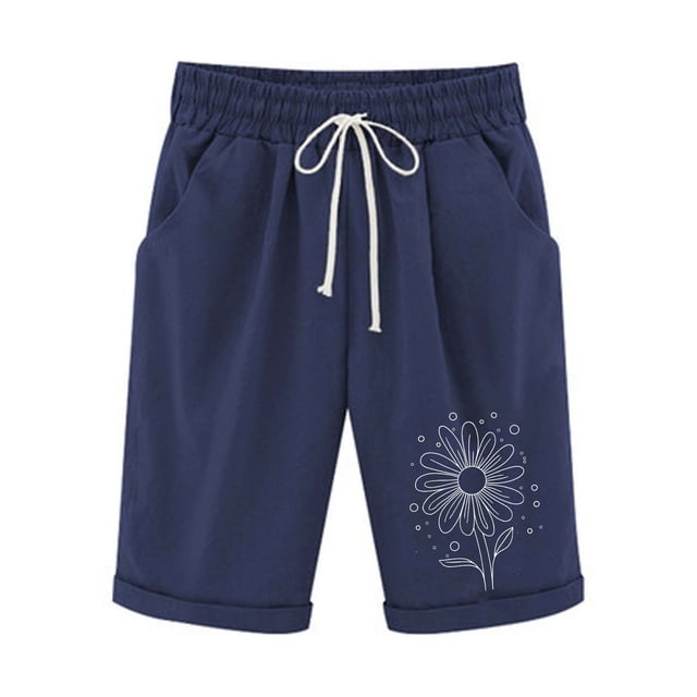 Pantalones Cortos de Verano para las Mujeres de Cintura Alta Estampado Elástico Cordón de Cintura, Casual Bolsillos Pantalones de Pijama