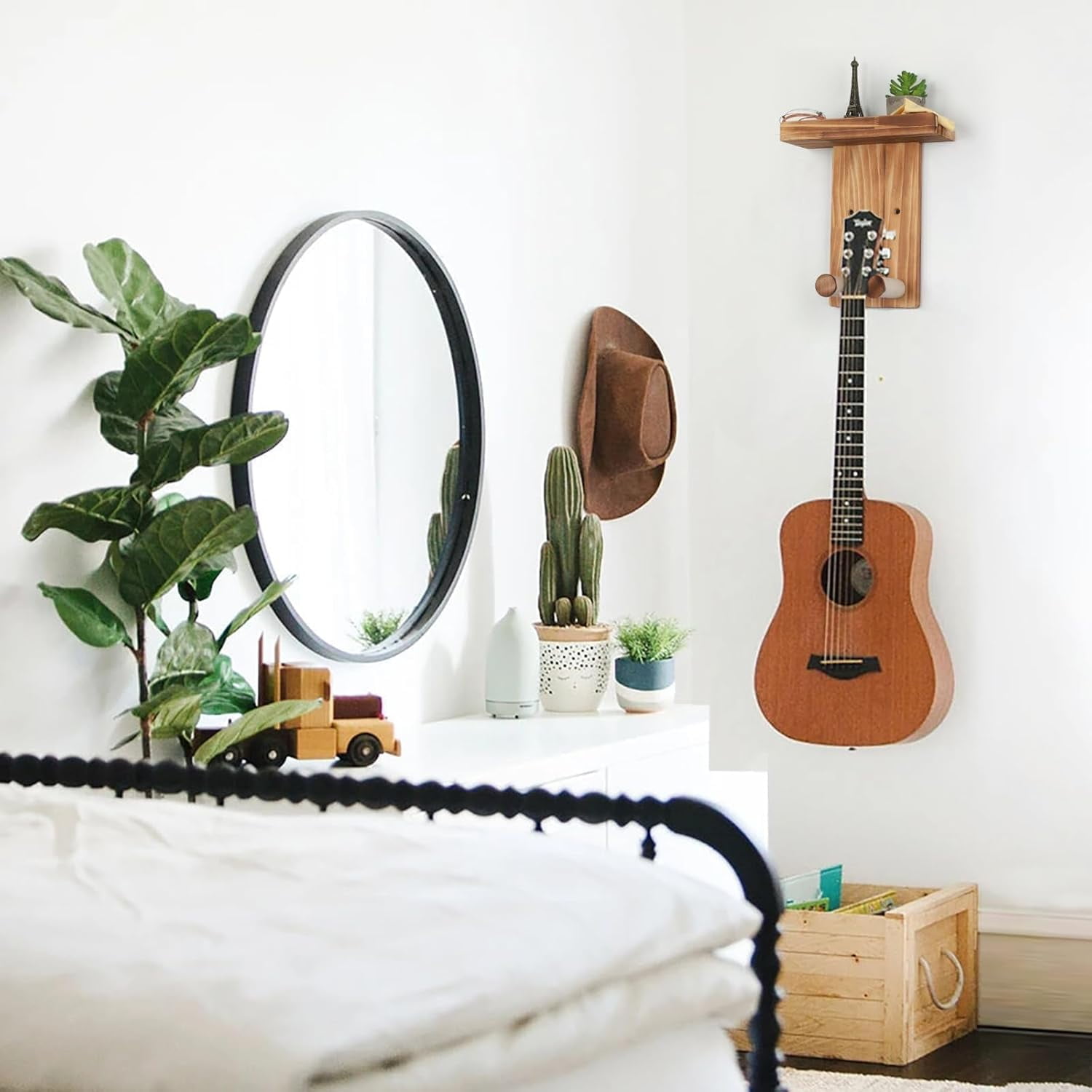 SONGAUN Guitar Wall Mount with Shelf,2Pack Wooden Guitar Holder Hanger Hook Multifunctional Rack Bracket Stand Easy Install for Electric Guitar Bass Acoustic Ukulele Violin Mandolin