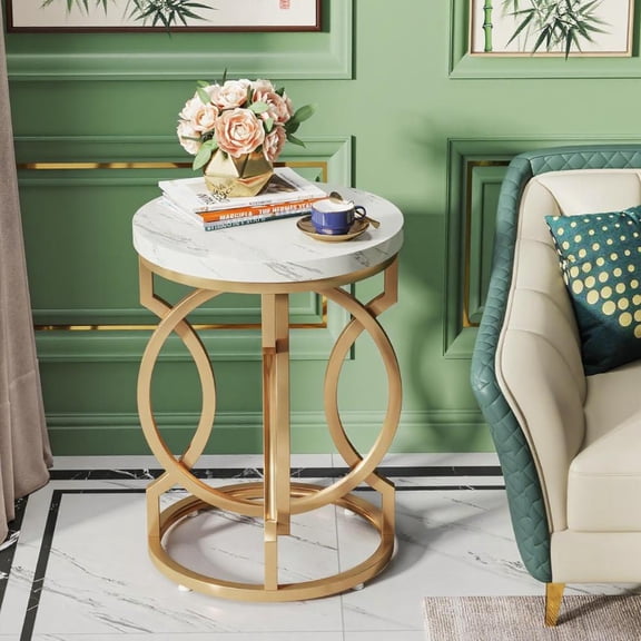 Tribesigns Modern Round Rattan End Table - White Faux Marble Top, Gold Metal Base, 19.7" Diameter - Elegant Living Room Accent Table, Easy Assembly