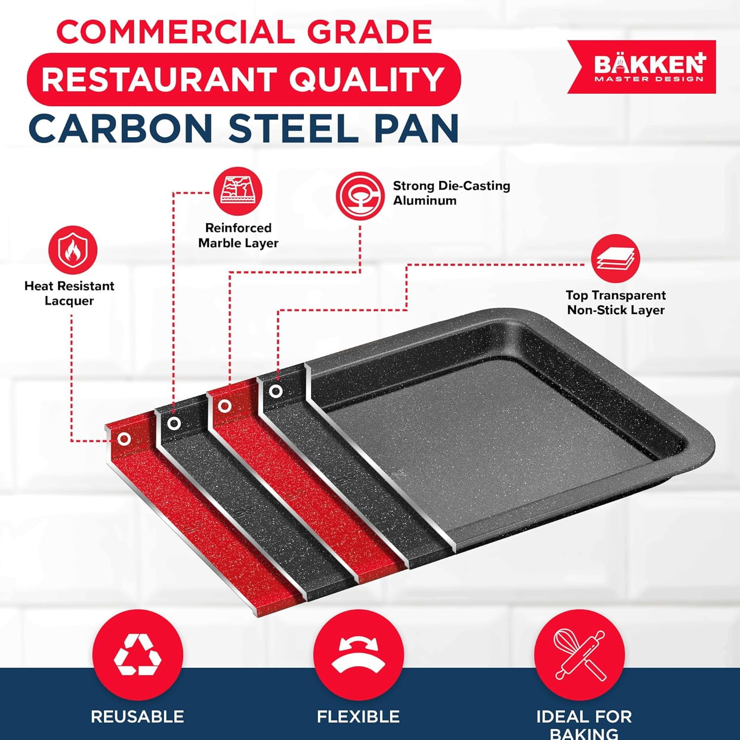 Bakken- Swiss 3-Piece Kitchen Baking Pan Set - Commercial Grade Carbon Steel Bakeware with Nonstick Coating, Stackable and Space-Saving Design, Oven Safe Tray (up to 450°F), Gray Marble