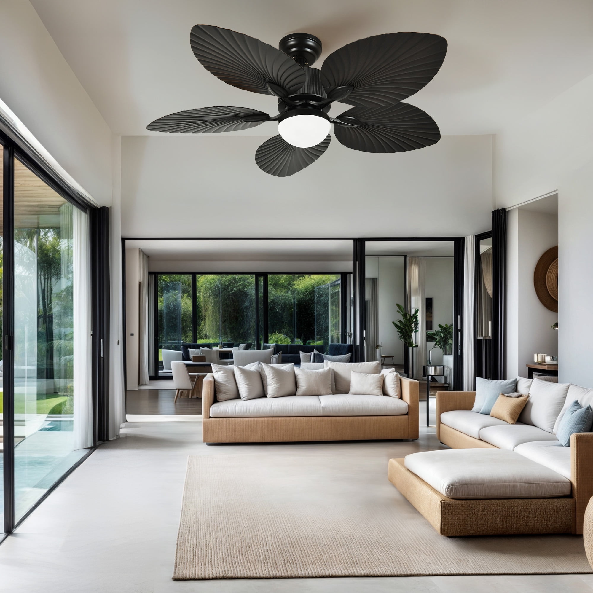 Uforic 52" Tropical Ceiling Fans with LED Light and Remote,Alexa,3 Ways Control,5 Palm Leaf blades Black Ceiling Fan