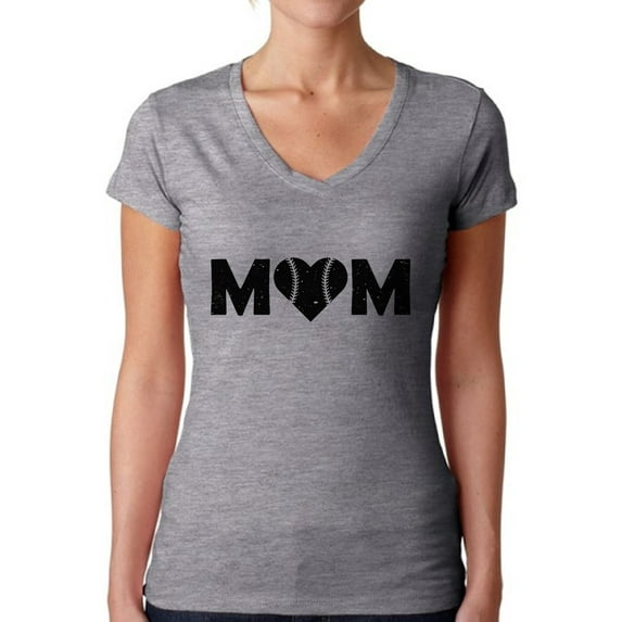 Awkward Styles Women's Baseball Mom Heart V-neck T-shirt Black Sport Mom's Heart