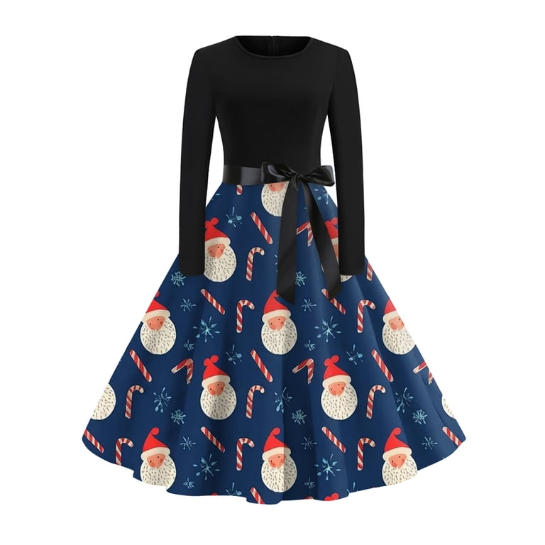 christmas pattern dresses for Women Women's Fashion Temperament Autun And Winter Button Lapel Pocket Long Sleeve Retro Print Dress with Snowflake Christmas Print for Holiday Party,Blue,L Western Christmas Outfits🤠🎁🎄, All