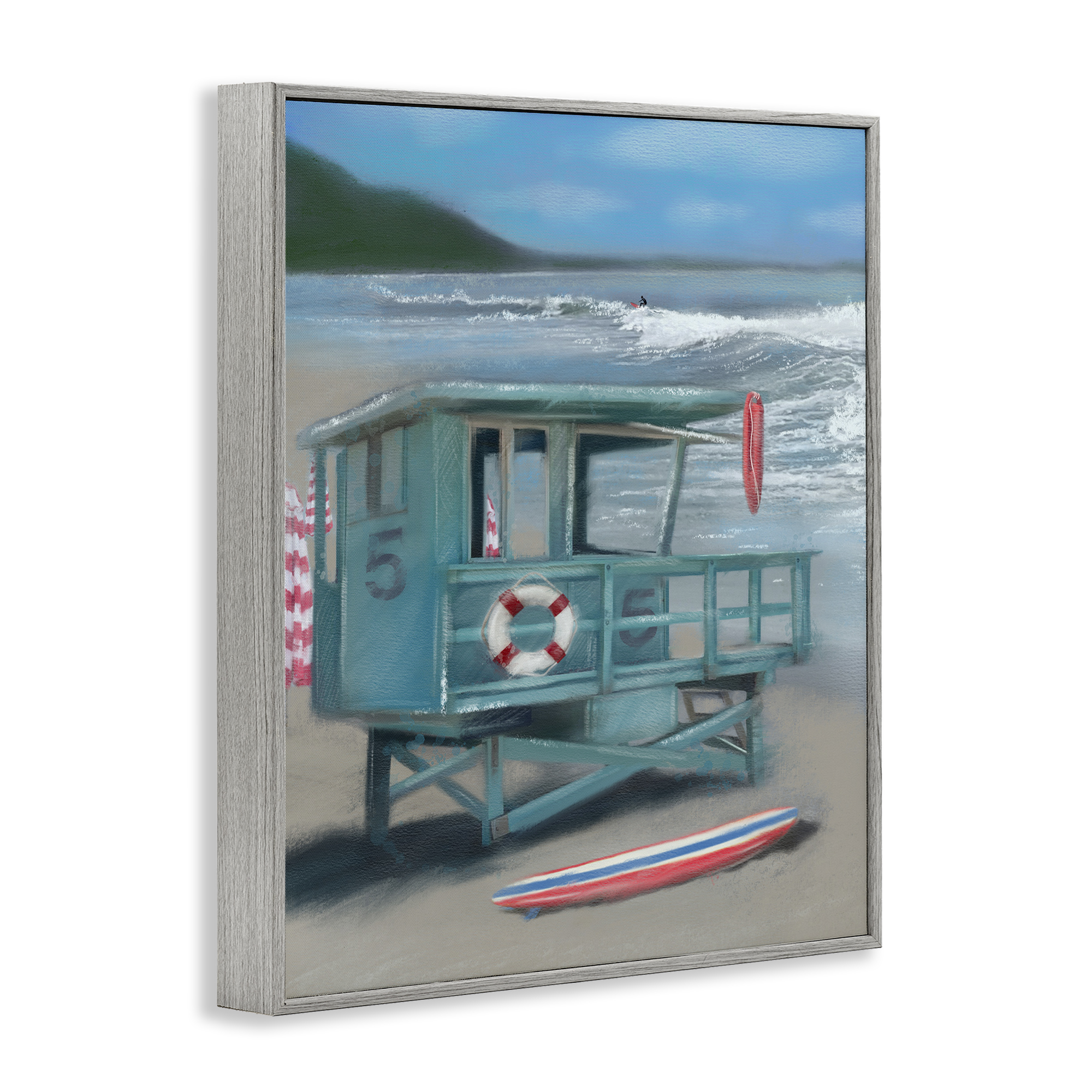 Stupell Industries Lifeguard Stand on Shore Coastal Painting Gray Framed Art Print Wall Art, 24 x 30