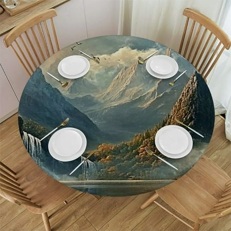 

Autua Mountain Lake Waterfall Birds Round Tablecloth - Stain-Resistant Washable 100% Polyester Waterproof - Ideal for Indoor and Outdoor Dining Weddings Parties 38 -42