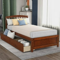 UHOMEPRO Wood Twin Size Platform Bed with 2 Storage Drawers, Pine Wood Bed with Headboard, Modern Twin Size Bed Frame with Wood Slats Support, No Box Spring Needed, Walnut