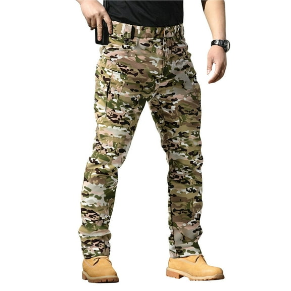 Zimjoy Khaki Camouflage Work Pants for Men Quick Dry Tear Resistant Tactica_l Pants Waterproof Elastic Hiking Pant Relaxed Fit Lightweight Camping Fishing Pant with Multi Pockets, Khaki Camouflage L