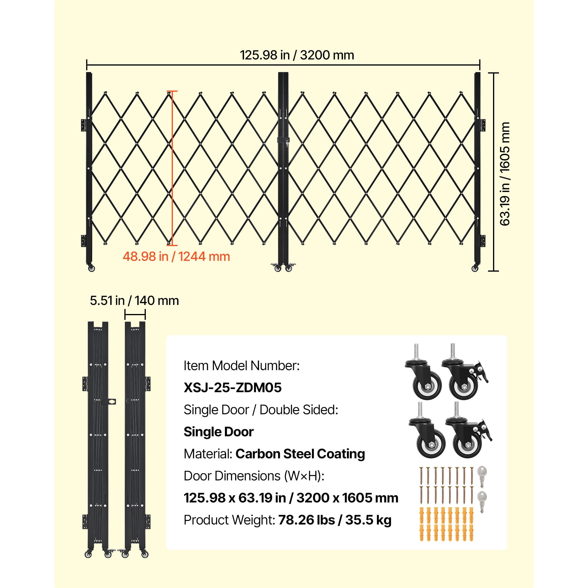 KFFKFF Double Folding Security Gate, Lockable Scissor Gate with Swivel Casters, Steel Retractable Gate for Entry, Garage, Warehouse, and Pool, 125.98 x 63.19 in (W x H)
