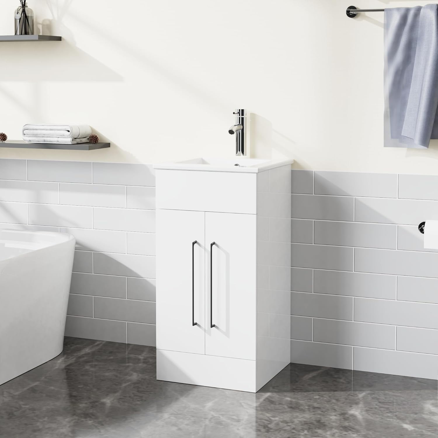 Goodyo 16" Small Bathroom Vanity Single Sink, Freestanding Modern Bathroom Cabinet with White Drop in Sink, 2 Doors Wood Storage Cabinet, White