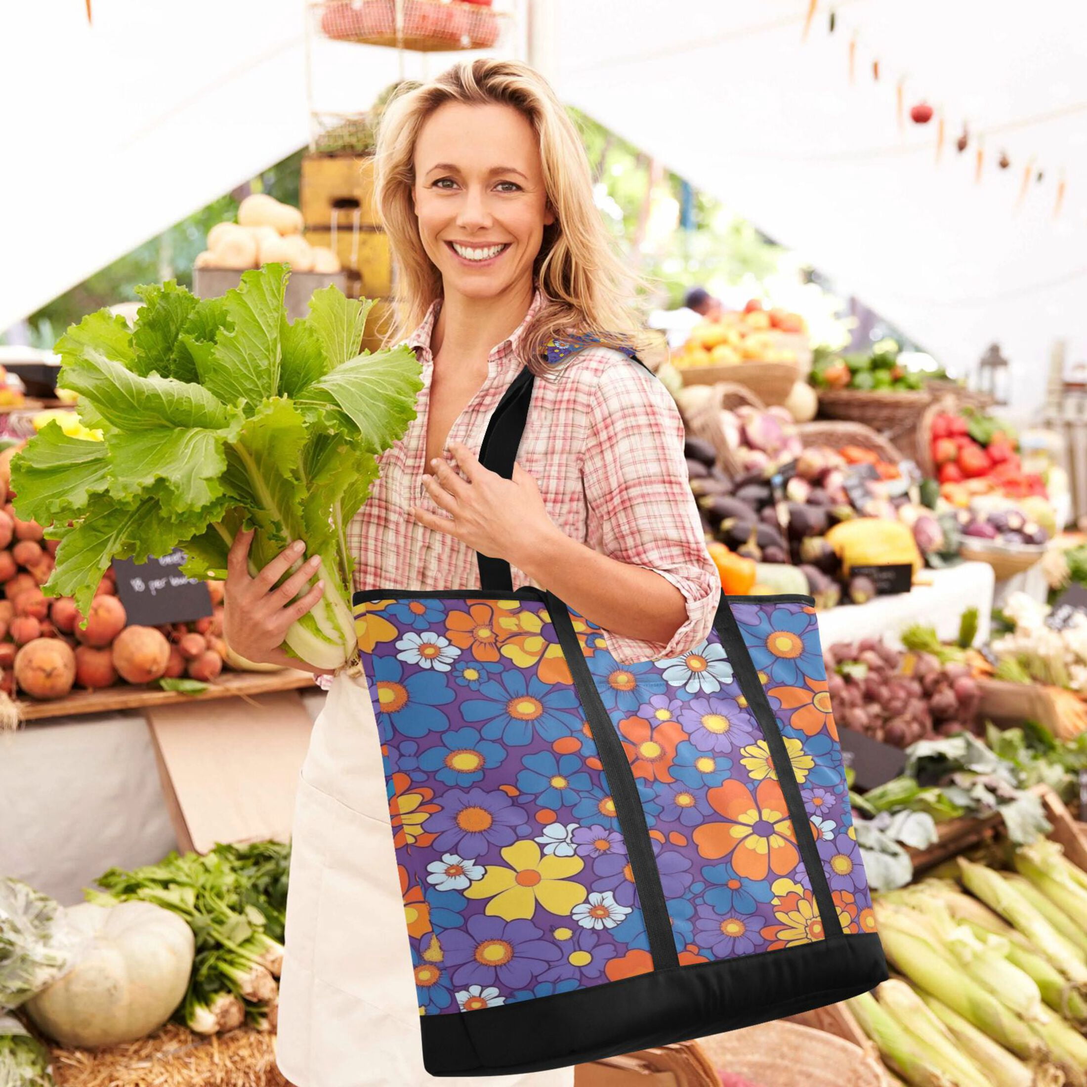 Extra-Large Wide Opening Design Capacity Hand-Held Ice Pack Thickened Insulation Layer For Long-Lasting Cold Retention For Outdoor Shopping Picnics And Camping Realistic Floral Pattern