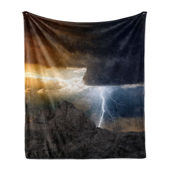 Nature Soft Flannel Fleece Throw Blanket, Thunder Rays from Dark Clouds Hitting down to the Mountain Storm Theme Art Print, Cozy Plush for Indoor and Outdoor Use, 70" x 90", Grey Orange, by Ambesonne