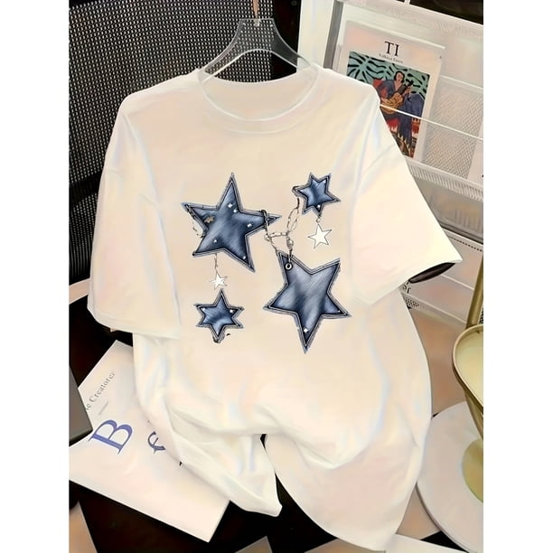 Women's Stylish Star Print Short-Sleeve T-Shirt - Soft & Breathable Cotton Blend, Perfect for Summer Casual Wear - Geometric Blue Star Design, Machine Washable, Round Neck, Lightweight & Comfortable,