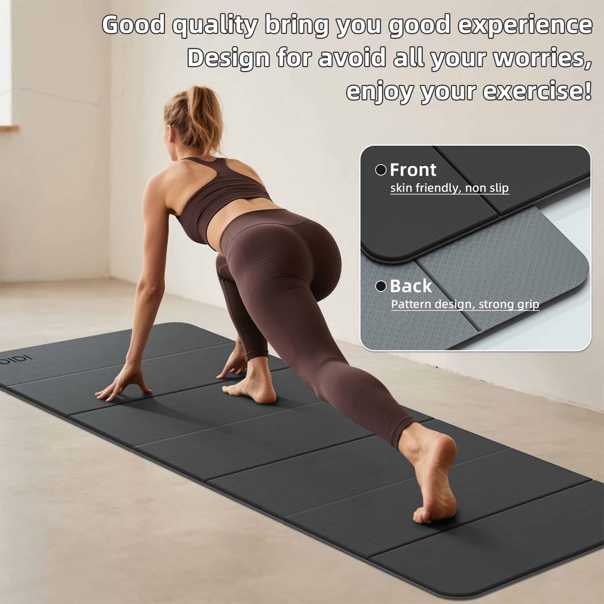 IDIDI Foldable Yoga Mat, 8mm Thick, Non Slip Exercise Mats For Home and Travel, Quick Unfold/Stor, Flat Lay No Curl Design(Grey+Black)