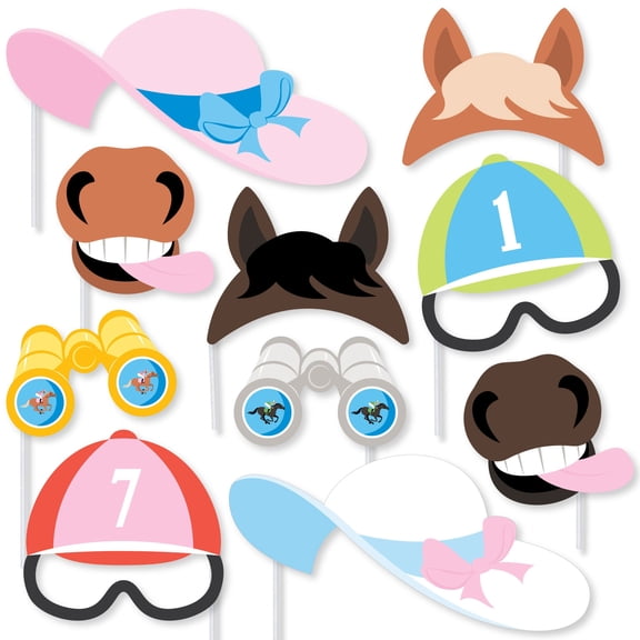 Big Dot of Happiness Derby Horse Race Photo Booth Prop Glasses, Masks, and Hat Accessories, Kentucky Party Decorations for Birthday, Bachelorette, Bridal Shower - 10 Count Prop Sticks